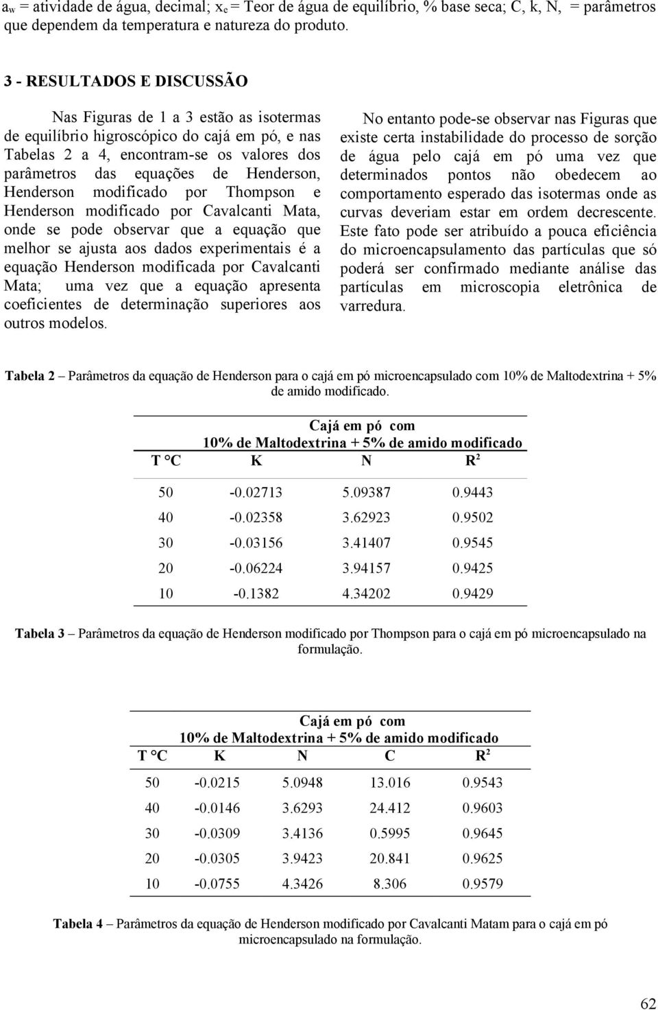 Henderson modificado por Thompson e Henderson modificado por Cavalcanti Mata, onde se pode observar que a equação que melhor se ajusta aos dados experimentais é a equação Henderson modificada por
