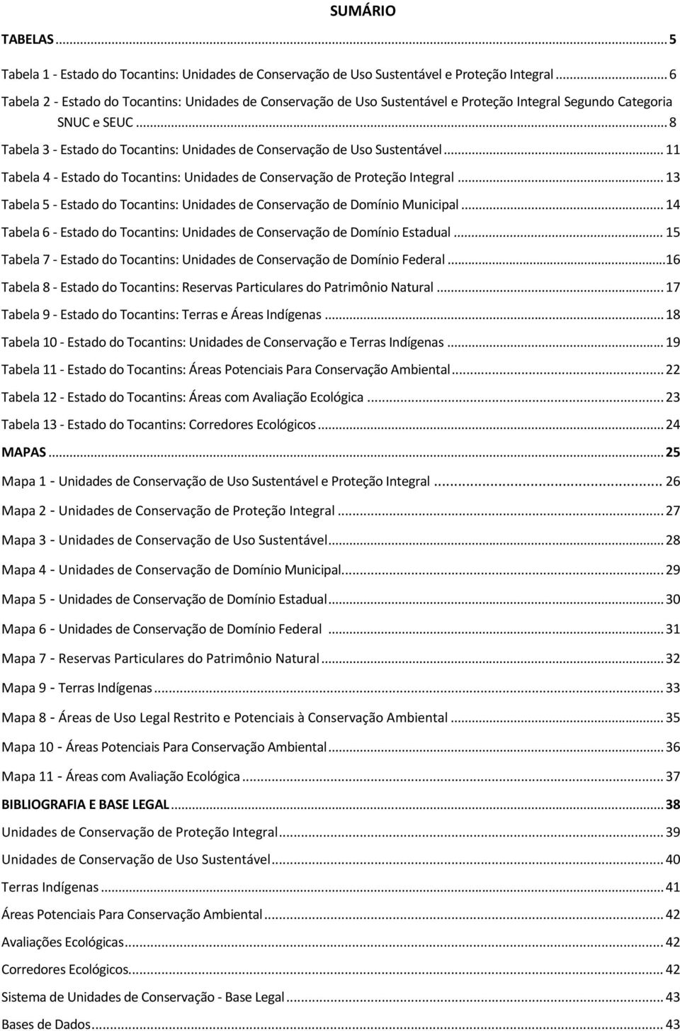 .. 11 Tabela 4 - Estado : Unidades de Conservação de roteção Integral... 13 Tabela 5 - Estado : Unidades de Conservação de Domínio Municipal.