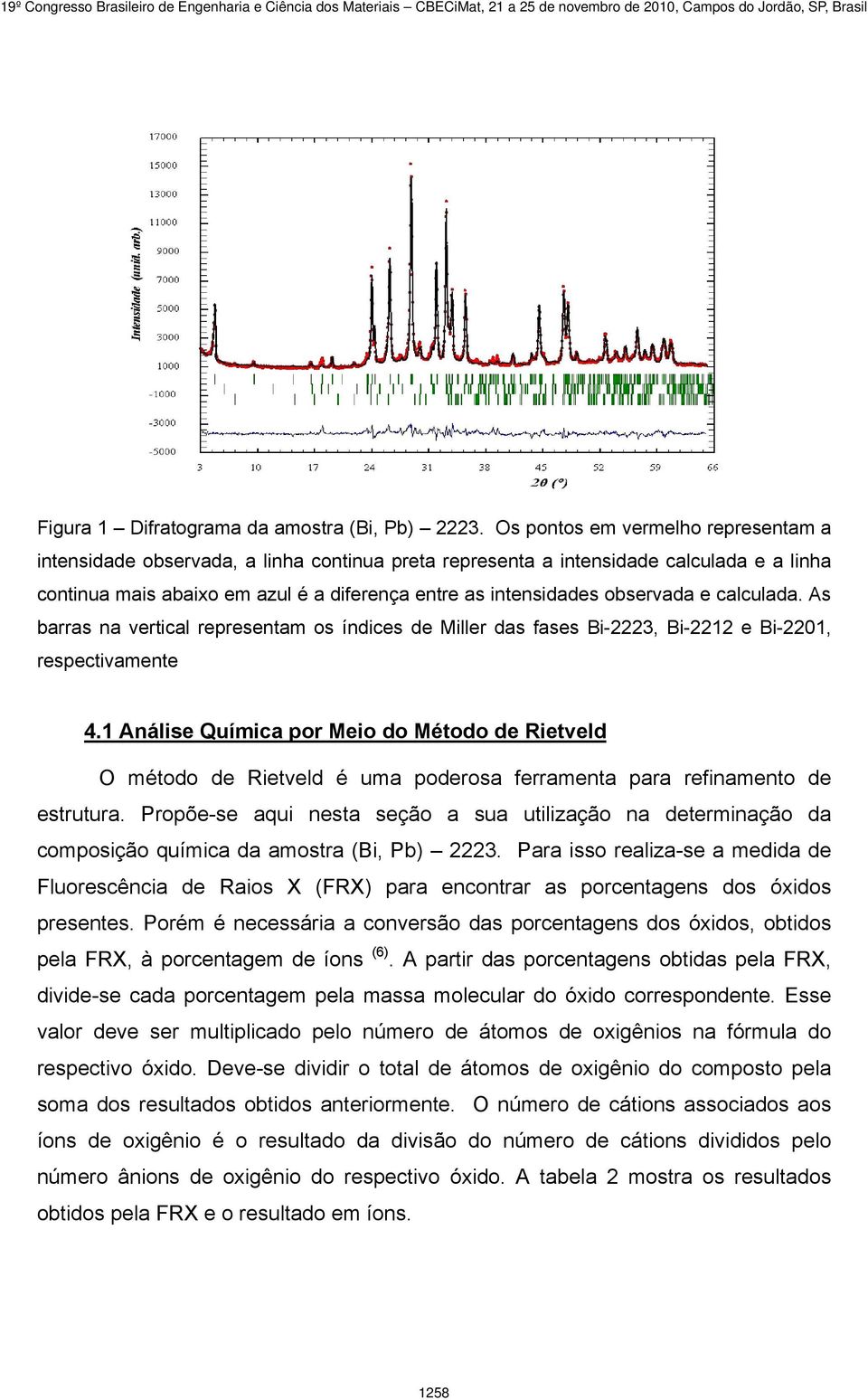 observada e calculada. As barras na vertical representam os índices de Miller das fases Bi-3, Bi-1 e Bi-01, respectivamente 4.