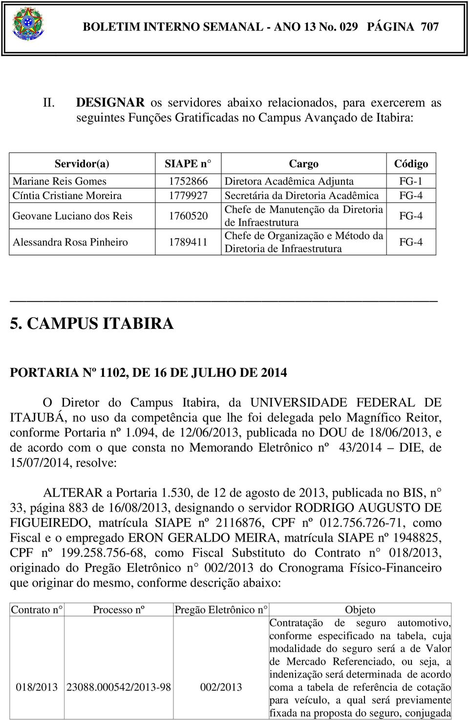 Acadêmica Adjunta FG-1 Cíntia Cristiane Moreira 1779927 Secretária da Diretoria Acadêmica FG-4 Geovane Luciano dos Reis 1760520 Chefe de Manutenção da Diretoria de Infraestrutura FG-4 Alessandra Rosa