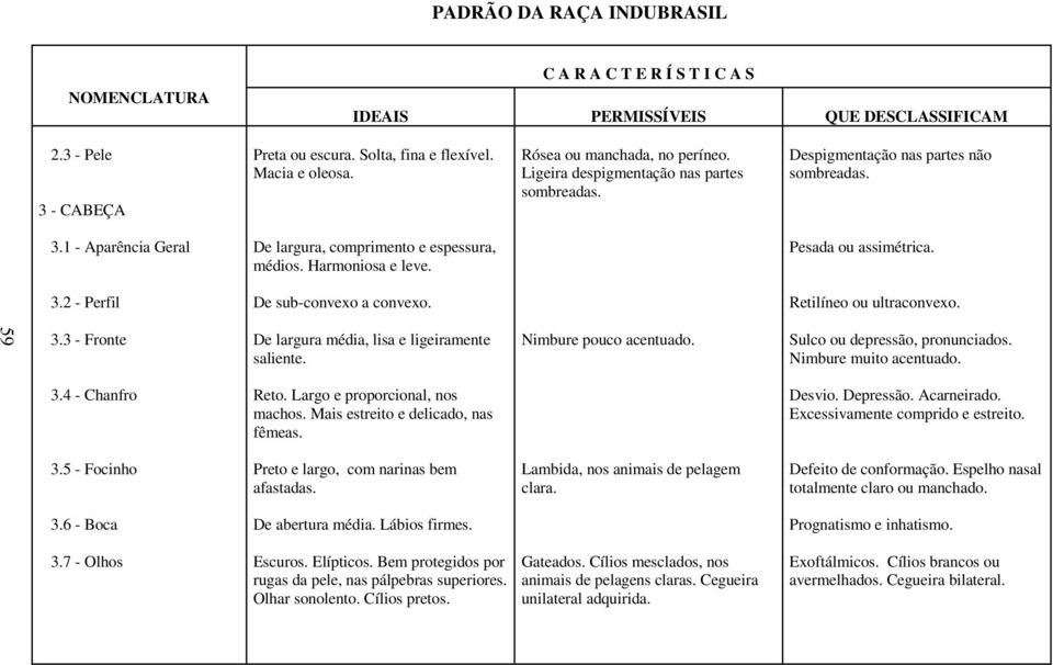 Nimbure pouco acentuado. Sulco ou depressão, pronunciados. Nimbure muito acentuado. 3.4 - Chanfro Reto. Largo e proporcional, nos machos. Mais estreito e delicado, nas fêmeas. Desvio. Depressão.