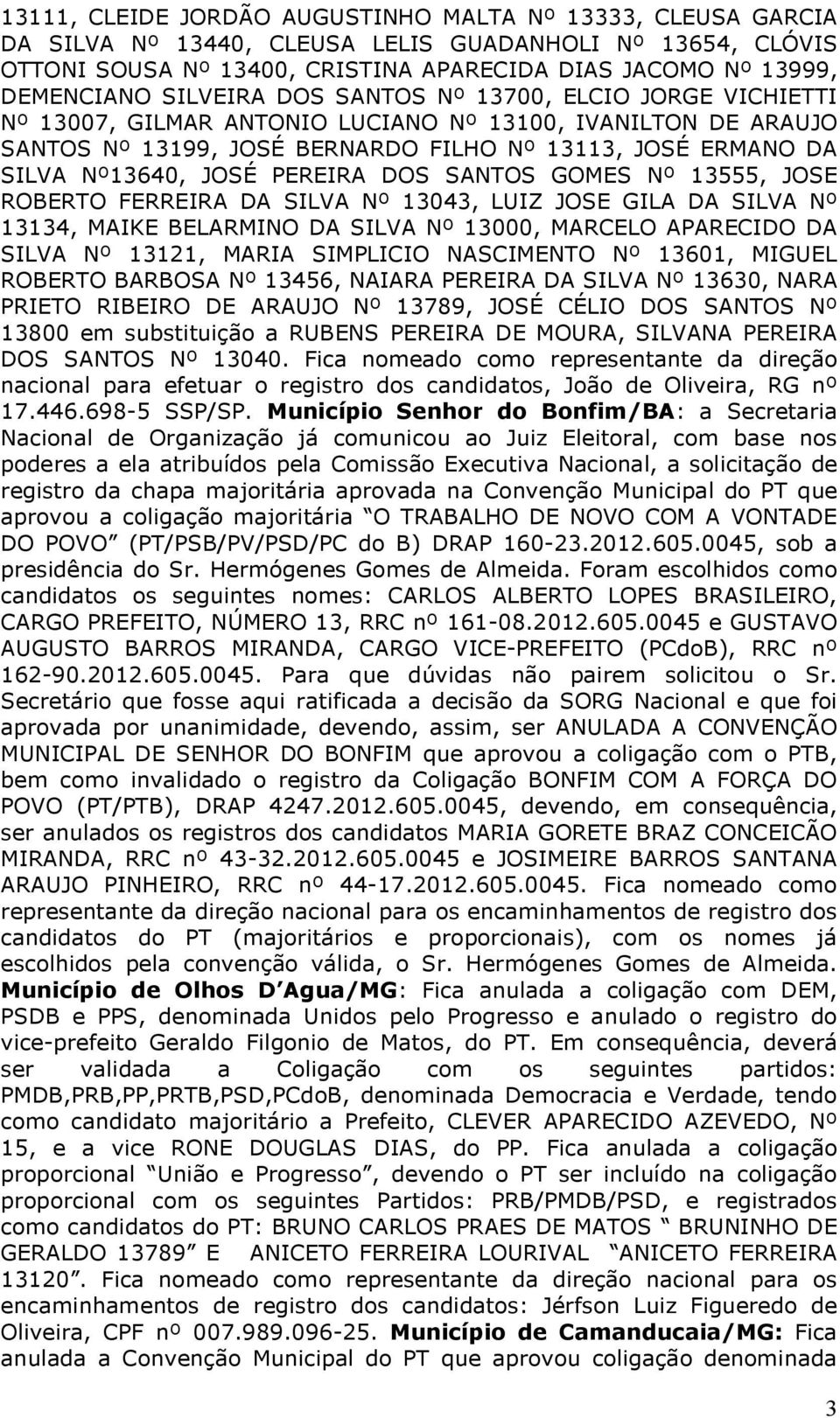 PEREIRA DOS SANTOS GOMES Nº 13555, JOSE ROBERTO FERREIRA DA SILVA Nº 13043, LUIZ JOSE GILA DA SILVA Nº 13134, MAIKE BELARMINO DA SILVA Nº 13000, MARCELO APARECIDO DA SILVA Nº 13121, MARIA SIMPLICIO