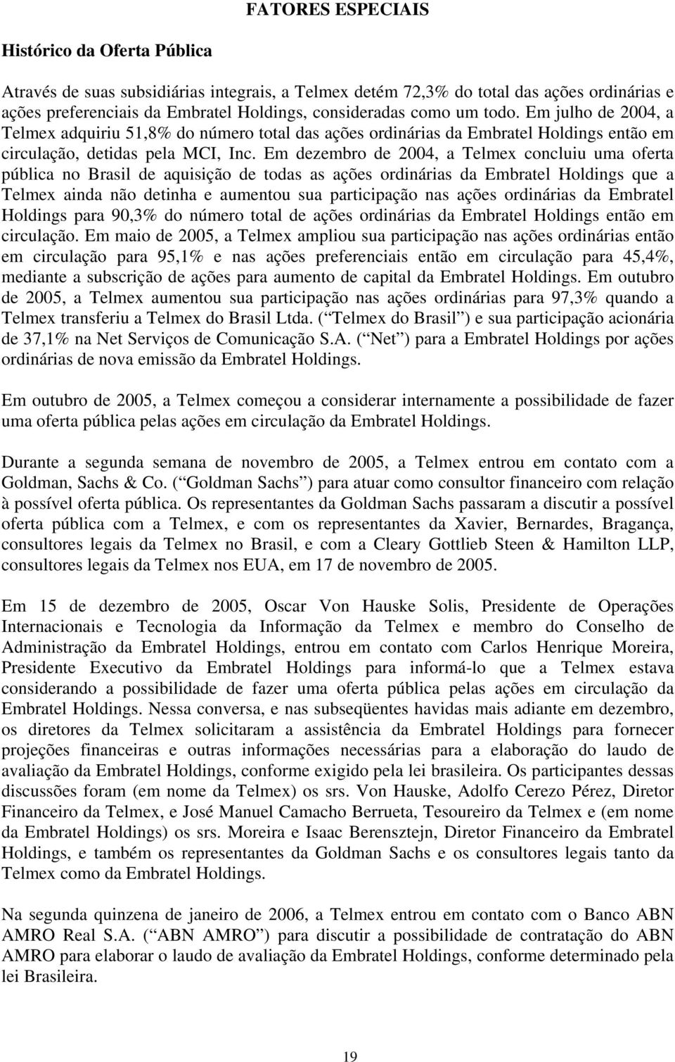 Em dezembro de 2004, a Telmex concluiu uma oferta pública no Brasil de aquisição de todas as ações ordinárias da Embratel Holdings que a Telmex ainda não detinha e aumentou sua participação nas ações