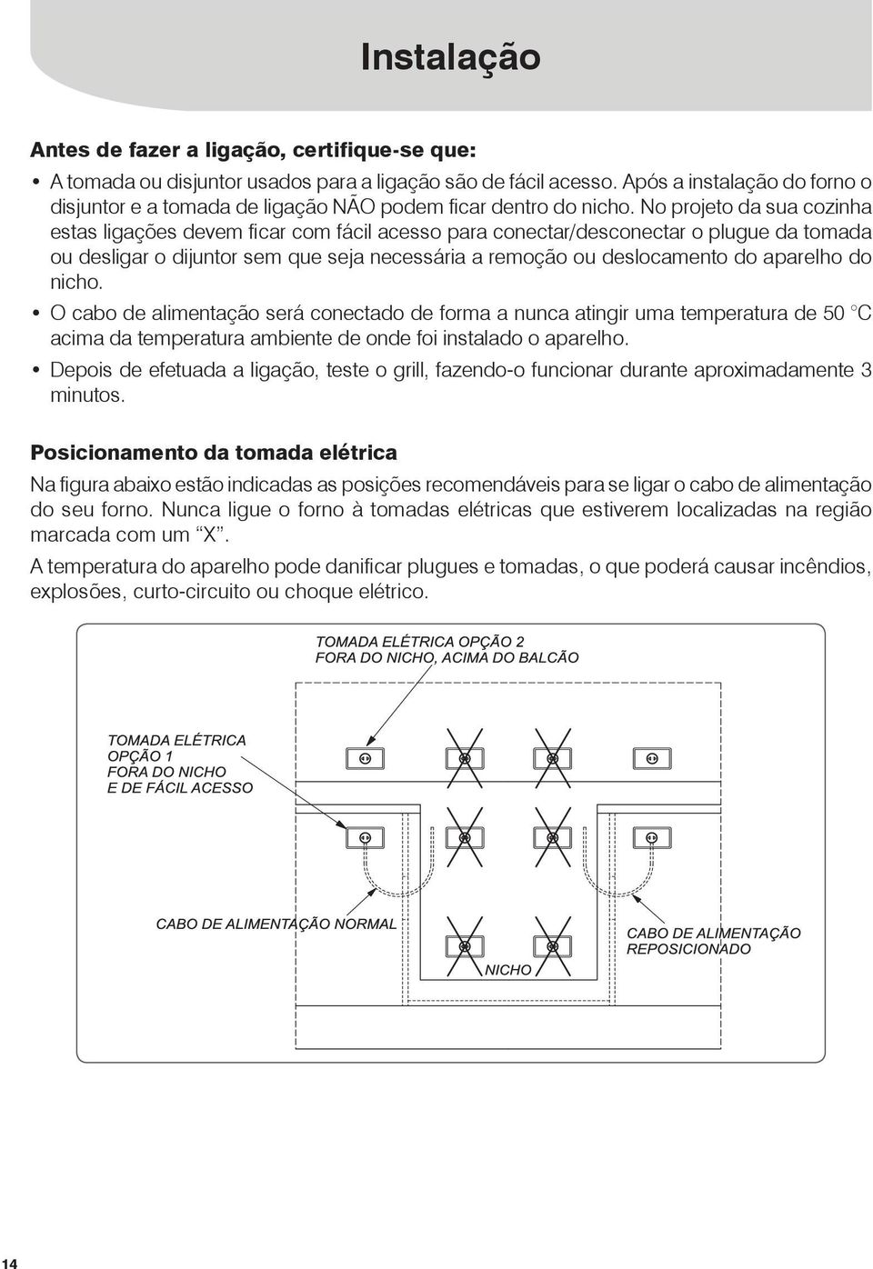 No projeto da sua cozinha estas ligações devem ficar com fácil acesso para conectar/desconectar o plugue da tomada ou desligar o dijuntor sem que seja necessária a remoção ou deslocamento do aparelho