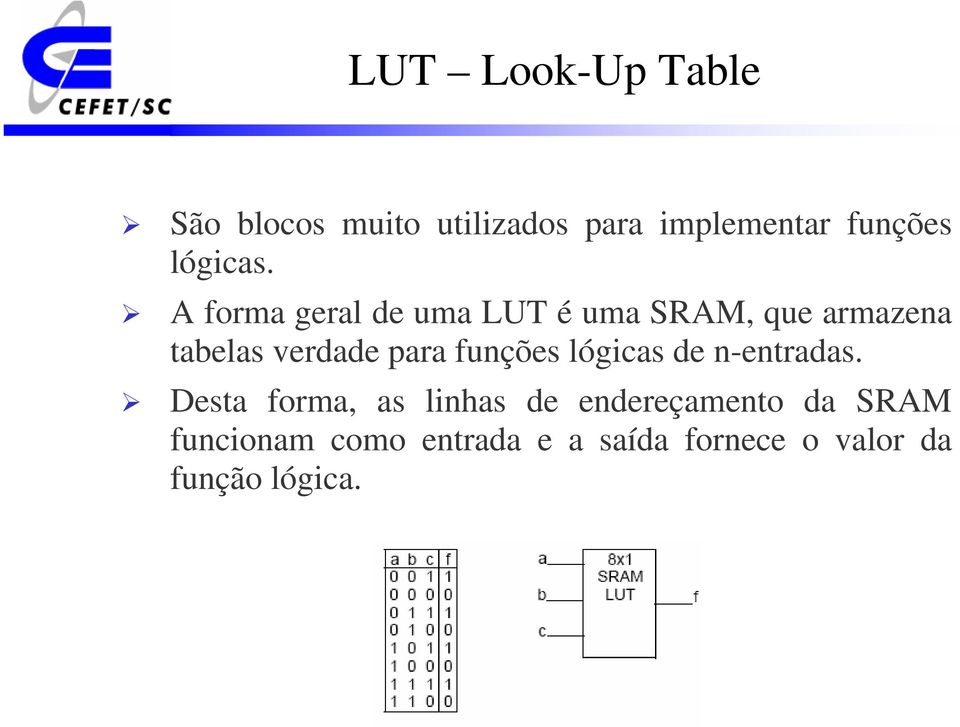 A forma geral de uma LUT é uma SRAM, que armazena tabelas verdade para