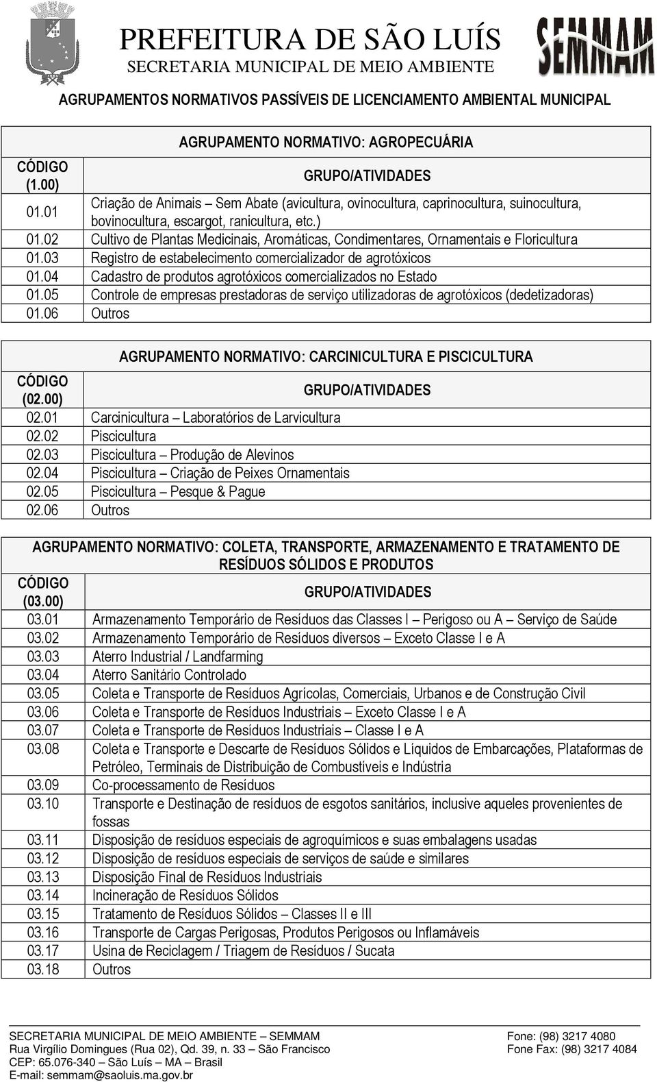 caprinocultura, suinocultura, bovinocultura, escargot, ranicultura, etc.) 01.02 Cultivo de Plantas Medicinais, Aromáticas, Condimentares, Ornamentais e Floricultura 01.