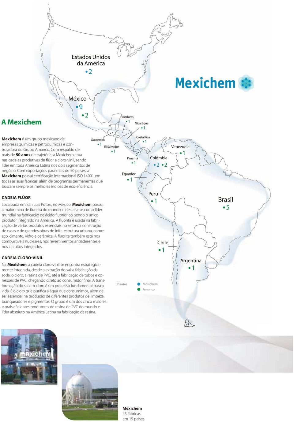 Com respaldo de mais de 0 anos de trajetória, a Mexichem atua Colômbia Panamá nas cadeias produtivas de flúor e cloro-vinil, sendo líder em toda América Latina nos dois segmentos de 2 2 negócio.