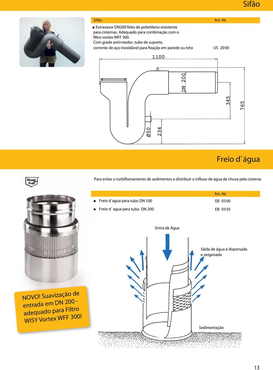 turbilhonamento de sedimentos e distribuir o influxo de água de chuva pela cisterna Freio d agua para tubo DN 100 EB 03 00 Freio d agua para