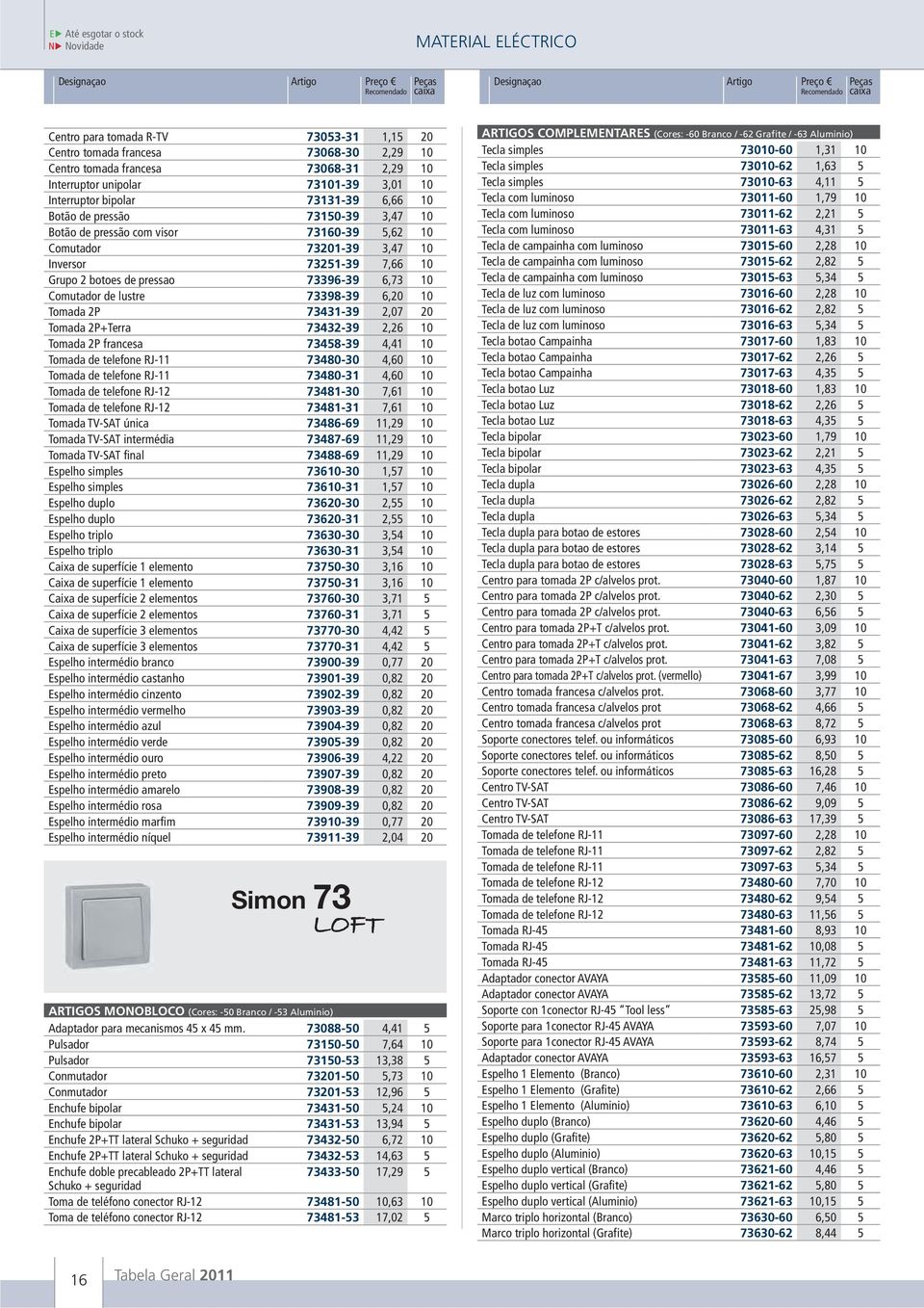 6, Tomada 2P 7343-39 2,07 Tomada 2P+Terra 73432-39 2,26 Tomada 2P francesa 7348-39 4,4 Tomada de telefone RJ- 73480-30 4,60 Tomada de telefone RJ- 73480-3 4,60 Tomada de telefone RJ-2 7348-30 7,6