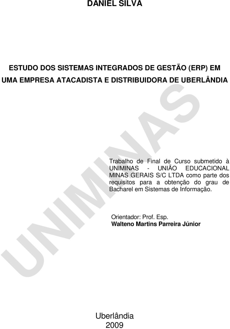 MINAS GERAIS S/C LTDA como parte dos requisitos para a obtenção do grau de Bacharel em