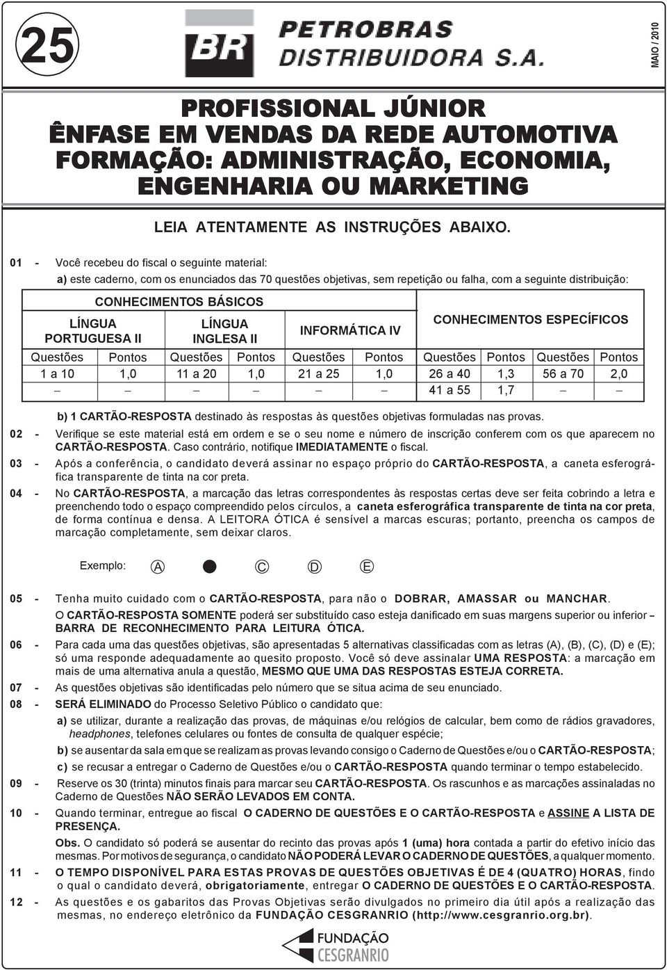 10 CONHECIMENTOS BÁSICOS Pontos 1,0 LÍNGUA INGLESA II Questões 11 a 20 Pontos 1,0 INFORMÁTICA IV Questões 21 a 25 Pontos 1,0 CONHECIMENTOS ESPECÍFICOS Questões 26 a 40 41 a 55 Pontos 1,3 1,7 Questões