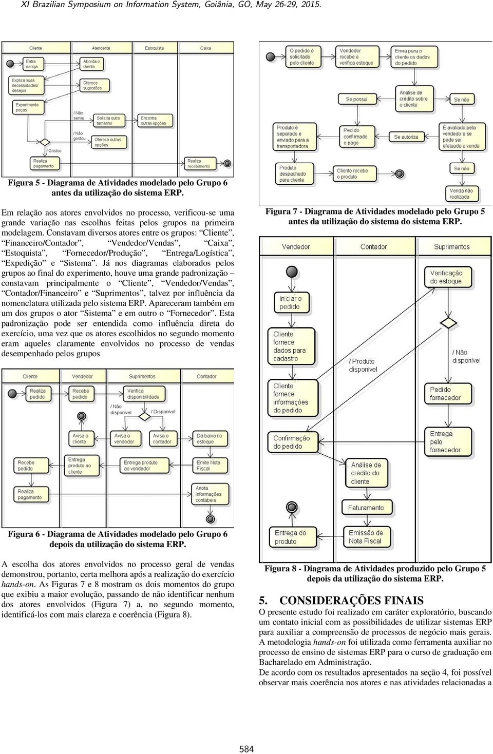 Constavam diversos atores entre os grupos: Cliente, Financeiro/Contador, Vendedor/Vendas, Caixa, Estoquista, Fornecedor/Produção, Entrega/Logística, Expedição e Sistema.