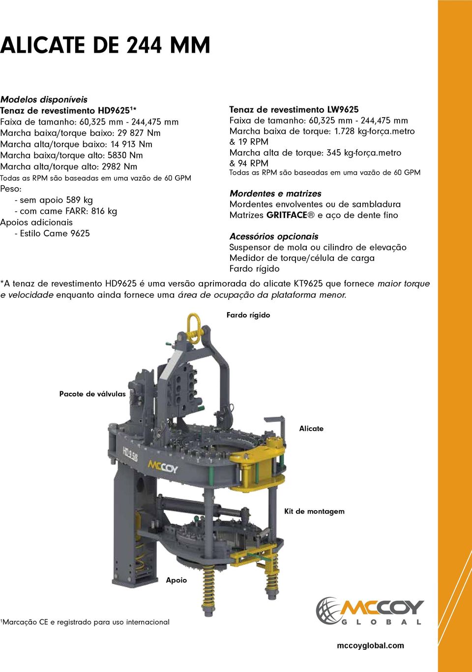 Tenaz de revestimento LW9625 Faixa de tamanho: 60,325 mm - 244,475 mm Marcha baixa de torque: 1.728 kg-força.metro & 19 RPM Marcha alta de torque: 345 kg-força.