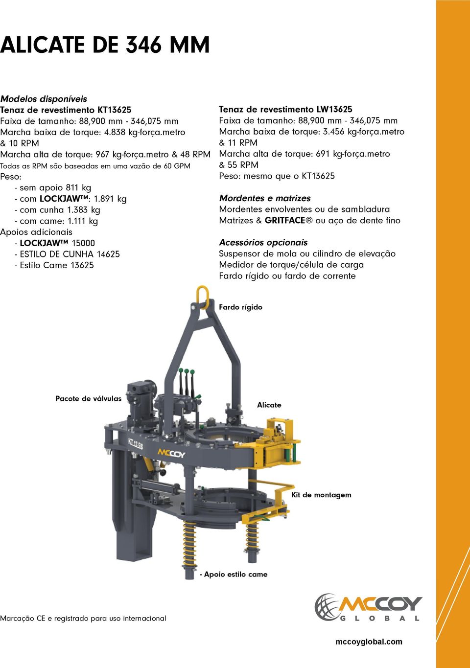 111 kg Apoios adicionais - LOCKJAW 15000 - ESTILO DE CUNHA 14625 - Estilo Came 13625 Tenaz de revestimento LW13625 Faixa de tamanho: 88,900 mm - 346,075 mm Marcha baixa de torque: 3.456 kg-força.