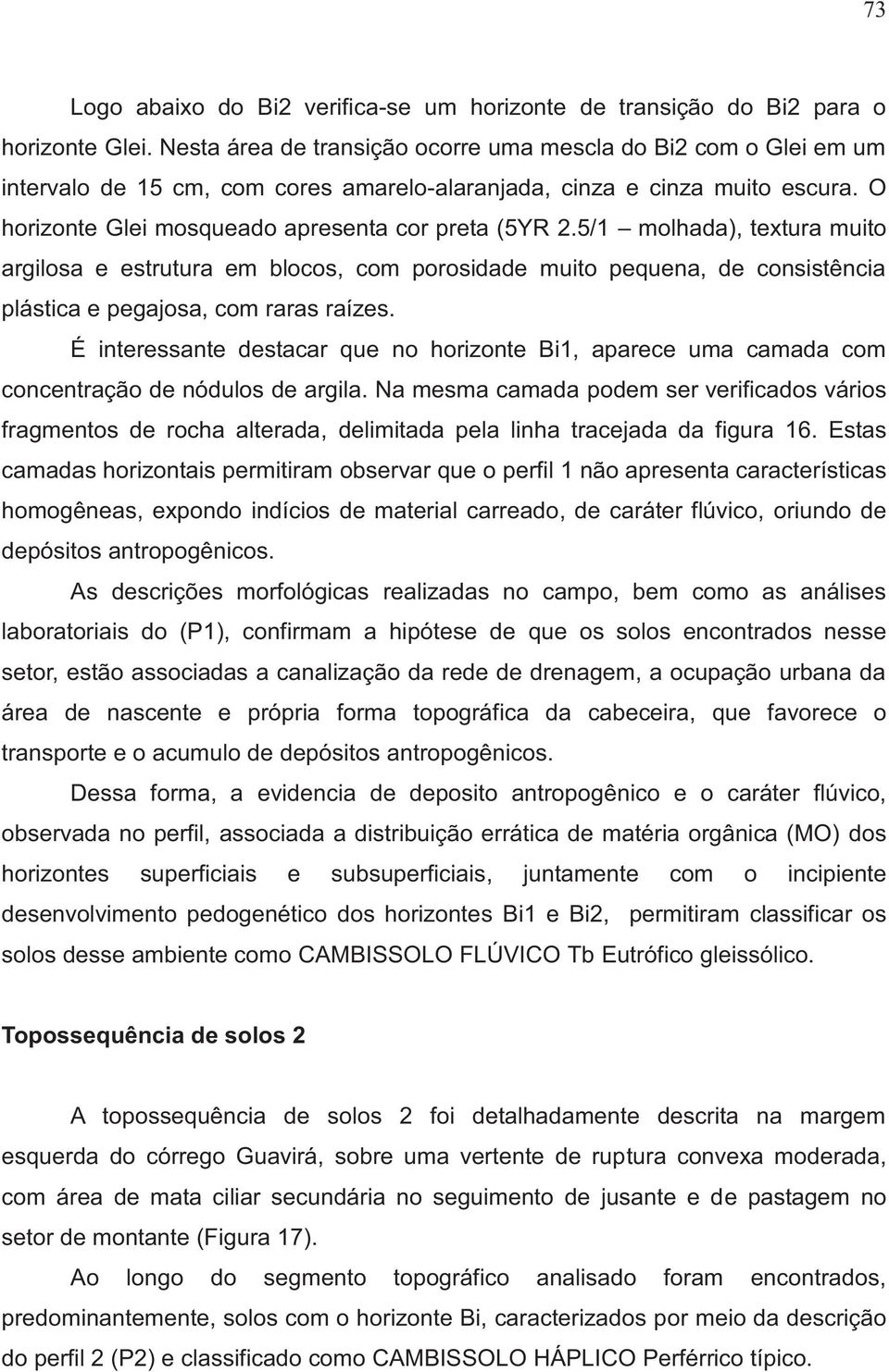 5/1 molhada), textura muito argilosa e estrutura em blocos, com porosidade muito pequena, de consistência plástica e pegajosa, com raras raízes.