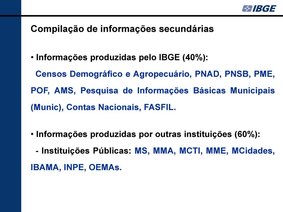 Municipais (Munic), Contas Nacionais, FASFIL.