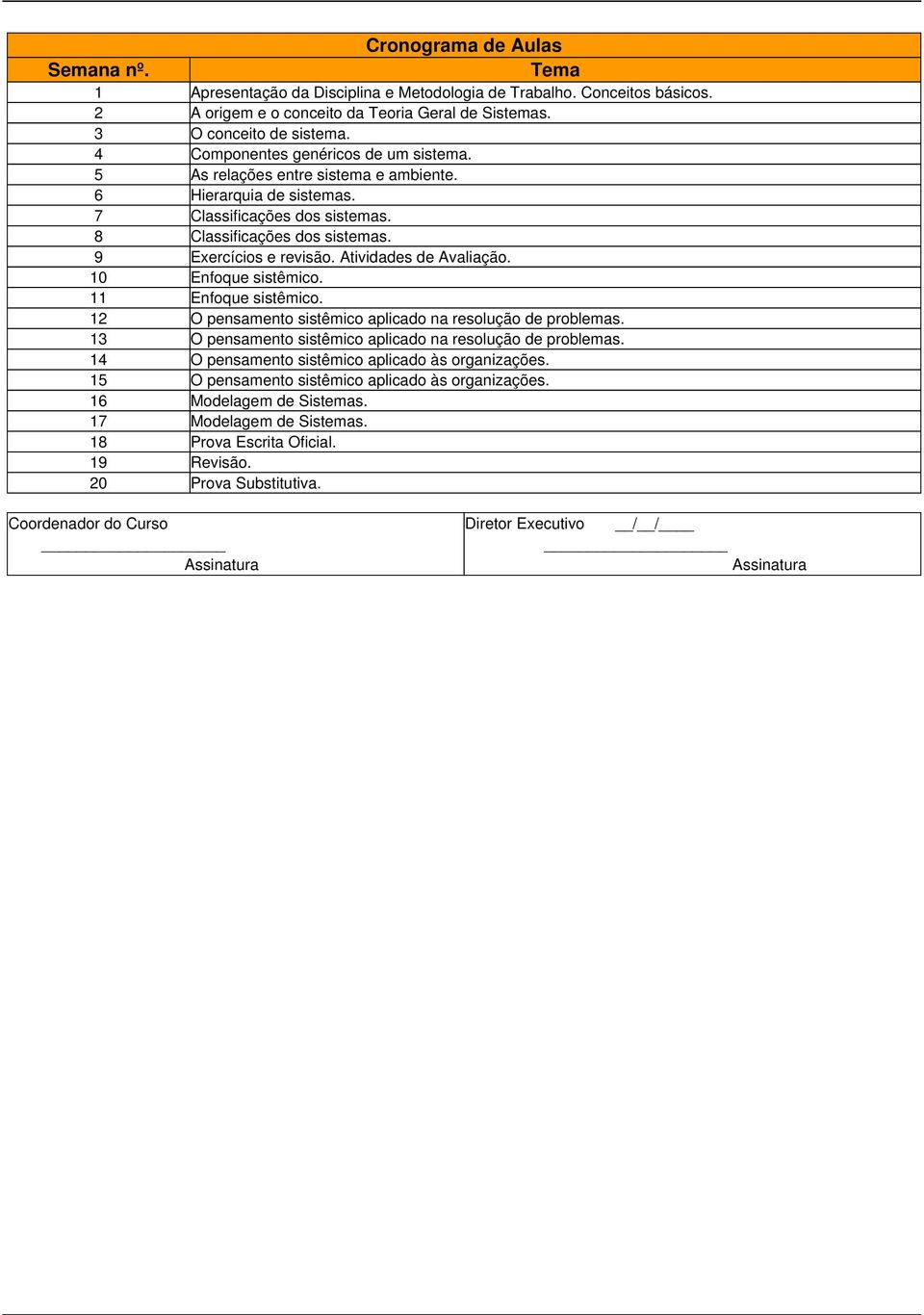 9 Exercícios e revisão. Atividades de Avaliação. 10 Enfoque sistêmico. 11 Enfoque sistêmico. 12 O pensamento sistêmico aplicado na resolução de problemas.