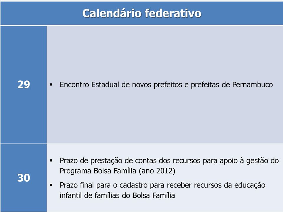 recursos para apoio à gestão do Programa Bolsa Família (ano 2012) Prazo final