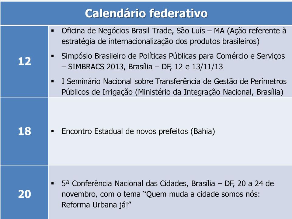 Nacional sobre Transferência de Gestão de Perímetros Públicos de Irrigação (Ministério da Integração Nacional, Brasília) 18 Encontro Estadual de novos