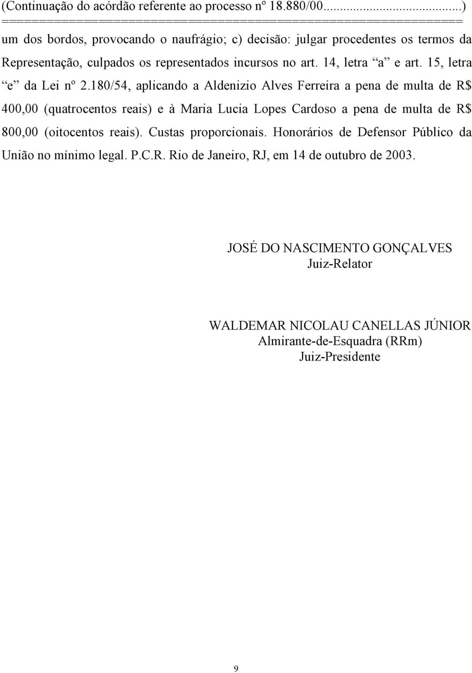 180/54, aplicando a Aldenizio Alves Ferreira a pena de multa de R$ 400,00 (quatrocentos reais) e à Maria Lucia Lopes Cardoso a pena de multa de R$