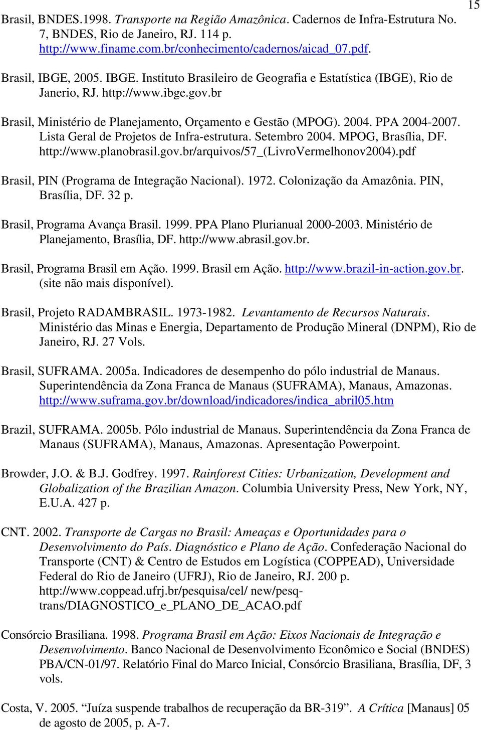 PPA 2004-2007. Lista Geral de Projetos de Infra-estrutura. Setembro 2004. MPOG, Brasília, DF. http://www.planobrasil.gov.br/arquivos/57_(livrovermelhonov2004).