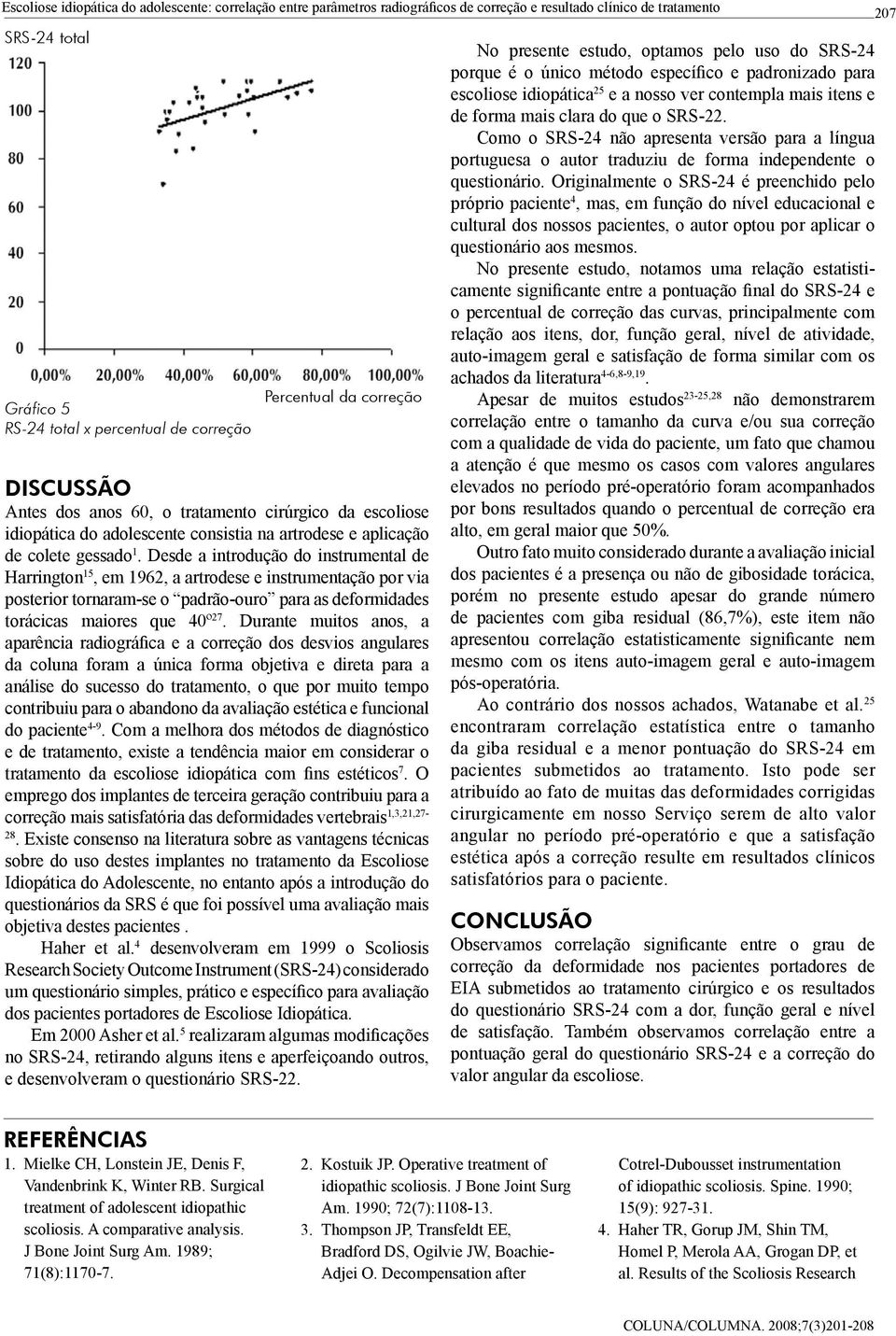 Desde a introdução do instrumental de Harrington 15, em 1962, a artrodese e instrumentação por via posterior tornaram-se o padrão-ouro para as deformidades torácicas maiores que 40º 27.