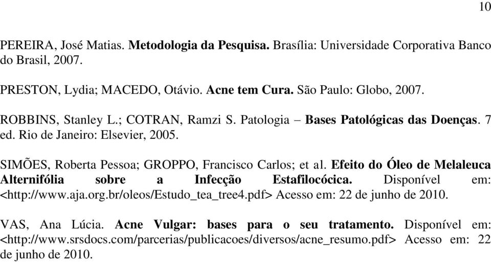 SIMÕES, Roberta Pessoa; GROPPO, Francisco Carlos; et al. Efeito do Óleo de Melaleuca Alternifólia sobre a Infecção Estafilocócica. Disponível em: <http://www.aja.org.