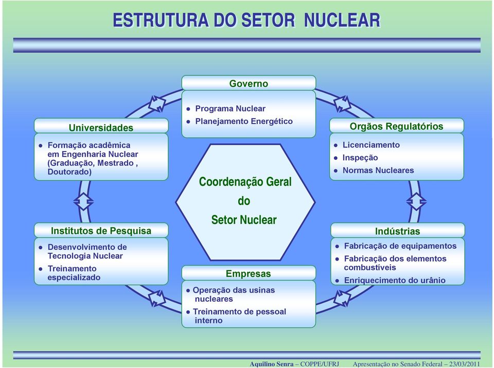 Coordenação Geral do Setor Nuclear Empresas Operação das usinas nucleares Treinamento de pessoal interno Orgãos Regulatórios