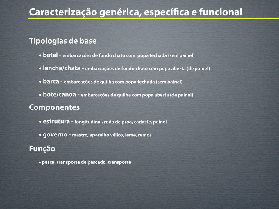 fechada (sem painel) bote/canoa - embarcações de quilha com popa aberta (de painel) Componentes estrutura - longitudinal,