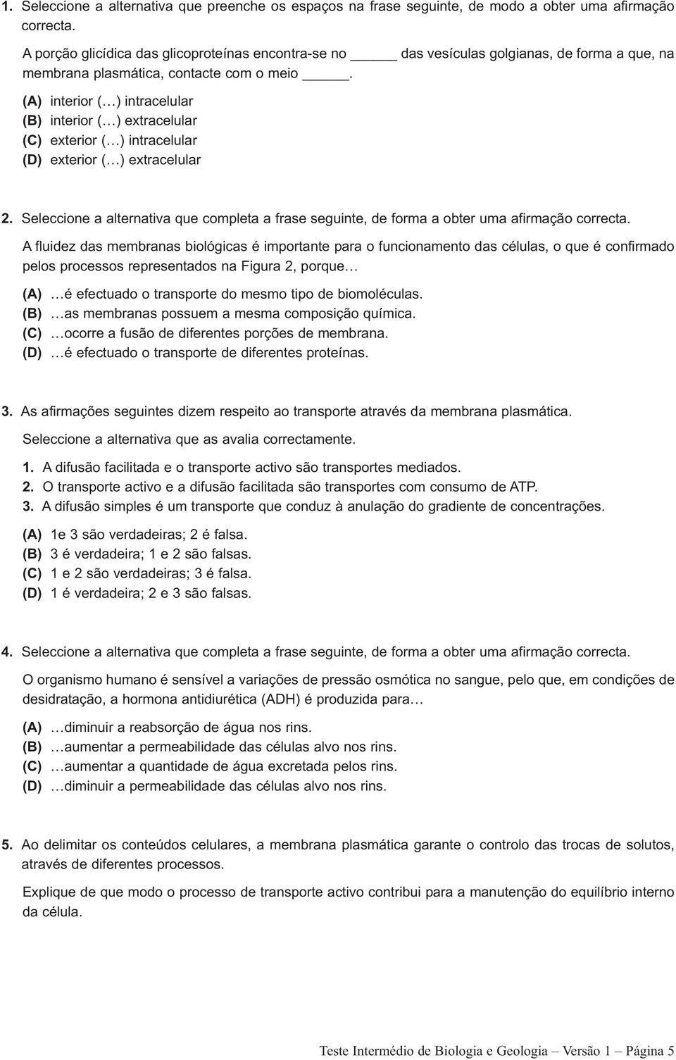 (A) interior ( ) intracelular (B) interior ( ) extracelular (C) exterior ( ) intracelular (D) exterior ( ) extracelular 2.