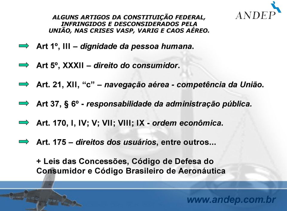 Art 37, 6º - responsabilidade da administração pública. Art. 170, I, IV; V; VII; VIII; IX - ordem econômica. Art. 175 direitos dos usuários, entre outros.