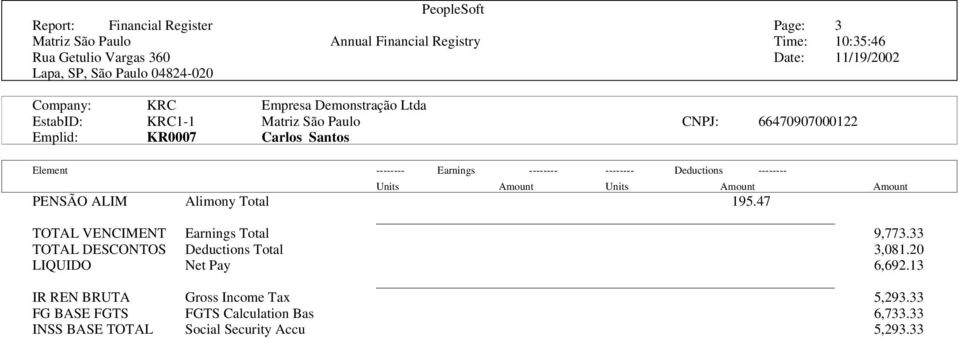 -------- -------- Deductions -------- Units Amount Units Amount Amount PENSÃO ALIM Alimony Total 195.47 TOTAL VENCIMENT Earnings Total 9,773.