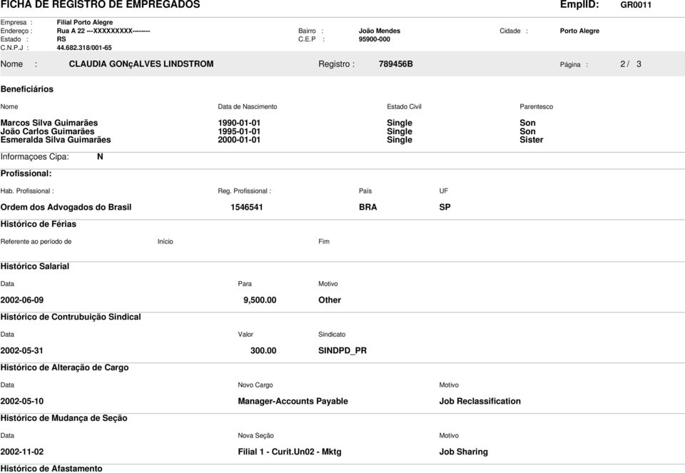 Carlos Guimarães 1995-01-01 Single Son Esmeralda Silva Guimarães 2000-01-01 Single Sister Informaçoes Cipa: N Profissional: Hab. Profissional : Reg.