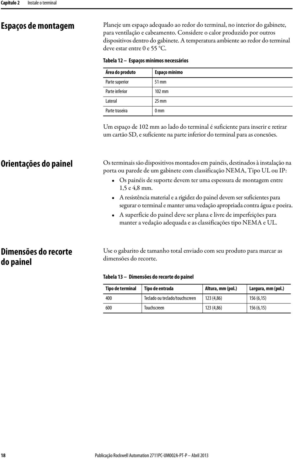 Tabela 12 Espaços mínimos necessários Área do produto Parte superior Parte inferior Lateral Parte traseira Espaço mínimo 51 mm 102 mm 25 mm 0 mm Um espaço de 102 mm ao lado do terminal é suficiente