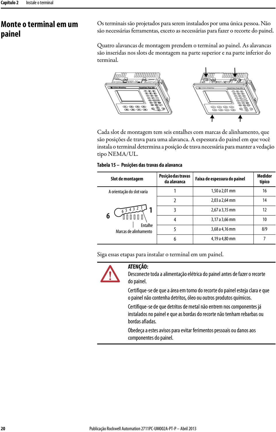 As alavancas são inseridas nos slots de montagem na parte superior e na parte inferior do terminal.