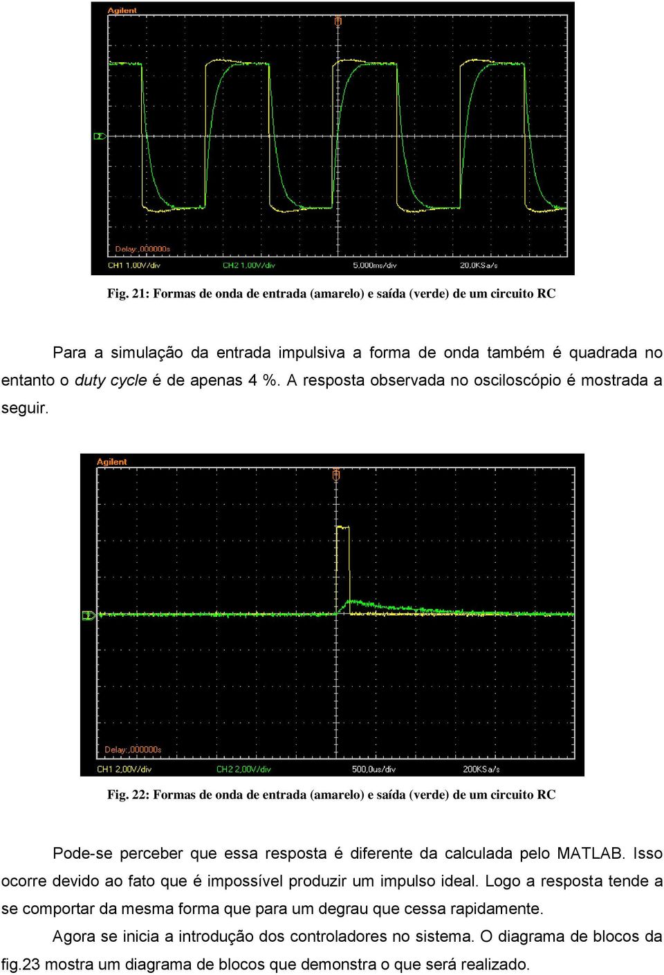 22: Formas de onda de entrada (amarelo) e saída (verde) de um circuito RC Pode-se perceber que essa resposta é diferente da calculada pelo MATLAB.