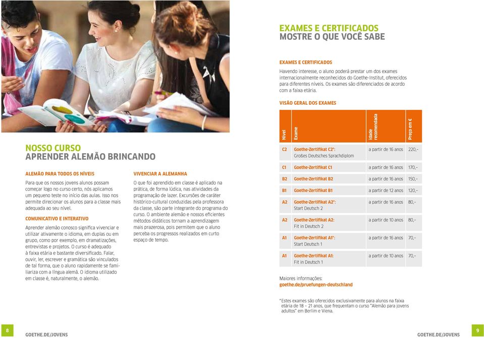 VISÃO GERAL DOS EXAMES Nível Exame idade recomendada Preço em NOSSO CURSO APRENDER ALEMÃO BRINCANDO C2 Goethe-Zertifikat C2*: Großes Deutsches Sprachdiplom a partir de 16 anos 220, ALEMÃO PARA TODOS