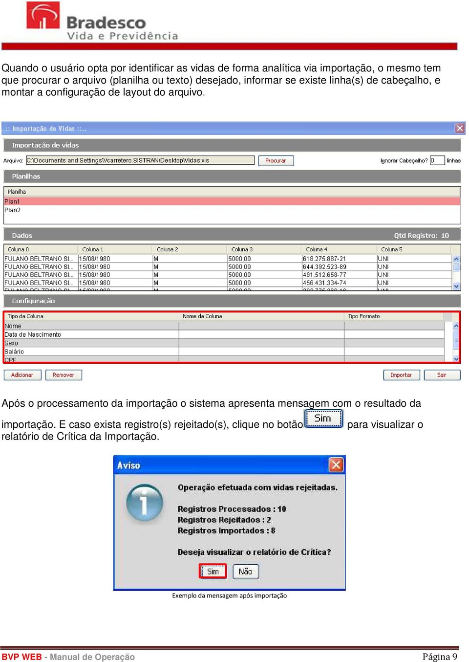 Após o processamento da importação o sistema apresenta mensagem com o resultado da importação.