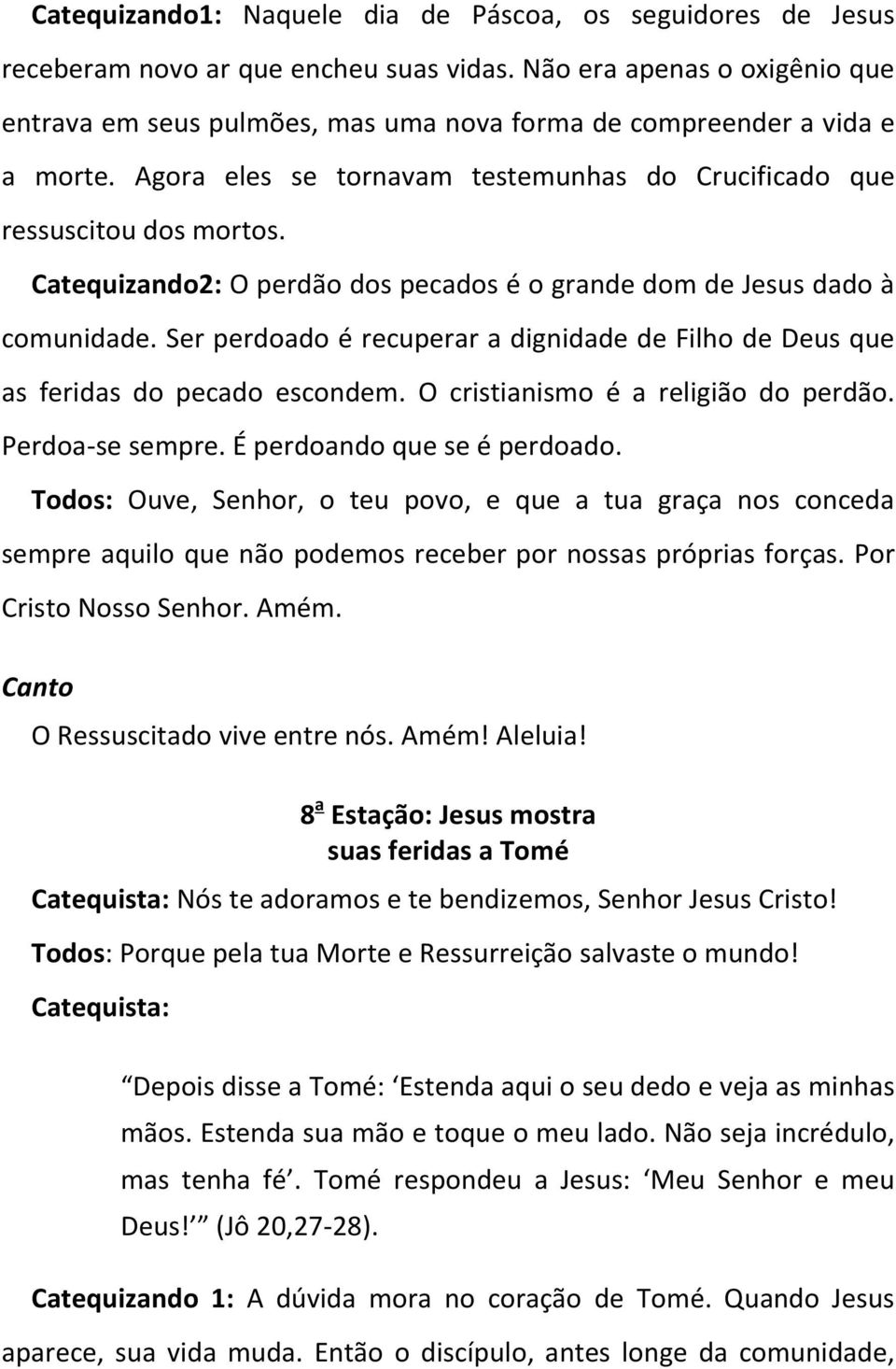 Catequizando2: O perdão dos pecados é o grande dom de Jesus dado à comunidade. Ser perdoado é recuperar a dignidade de Filho de Deus que as feridas do pecado escondem.