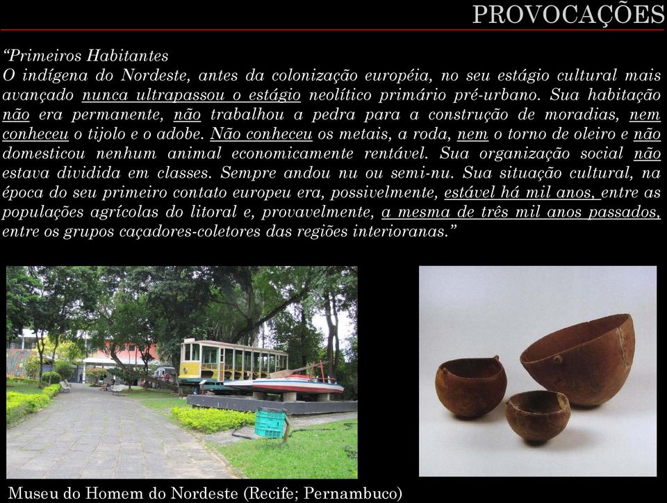 Não conheceu os metais, a roda, nem o torno de oleiro e não domesticou nenhum animal economicamente rentável. Sua organização social não estava dividida em classes. Sempre andou nu ou semi-nu.