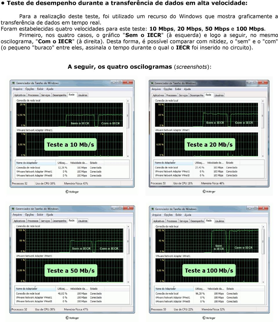 Primeiro, nos quatro casos, o gráfico "Sem o IECR" (à esquerda) e logo a seguir, no mesmo oscilograma, "Com o IECR" (à direita).