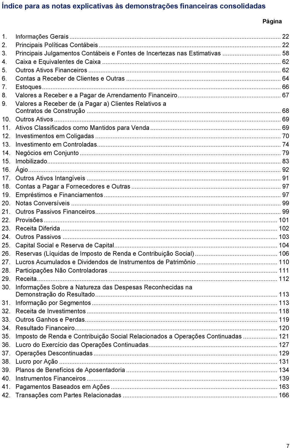 Estoques... 66 8. Valores a Receber e a Pagar de Arrendamento Financeiro... 67 9. Valores a Receber de (a Pagar a) Clientes Relativos a Contratos de Construção... 68 10. Outros Ativos... 69 11.