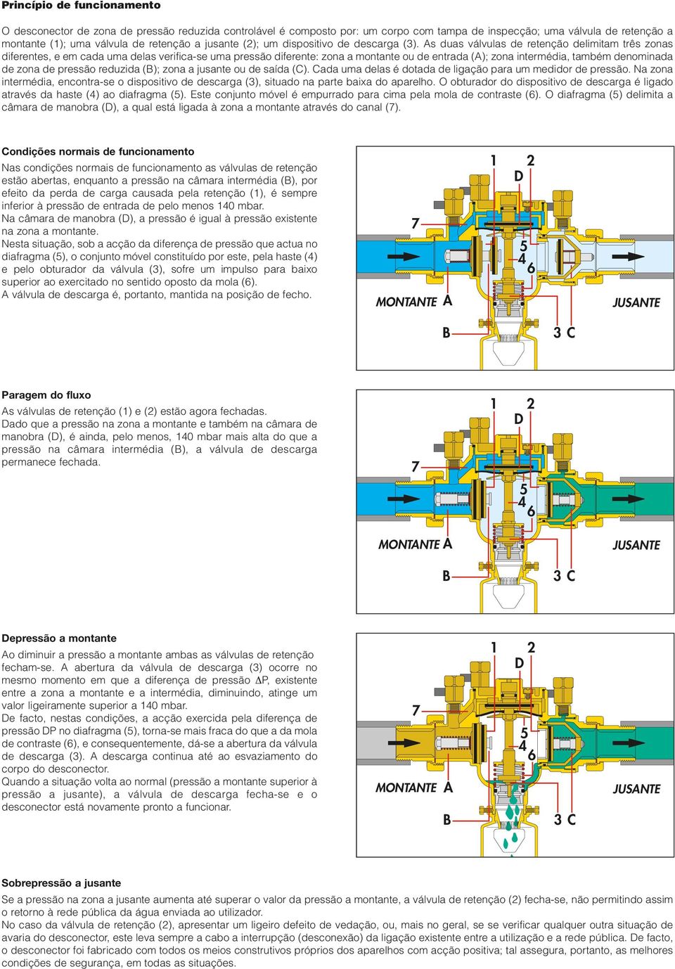 s duas válvulas de retenção delimitam três zonas diferentes, e em cada uma delas verifica-se uma pressão diferente: zona a montante ou de entrada (); zona intermédia, também denominada de zona de