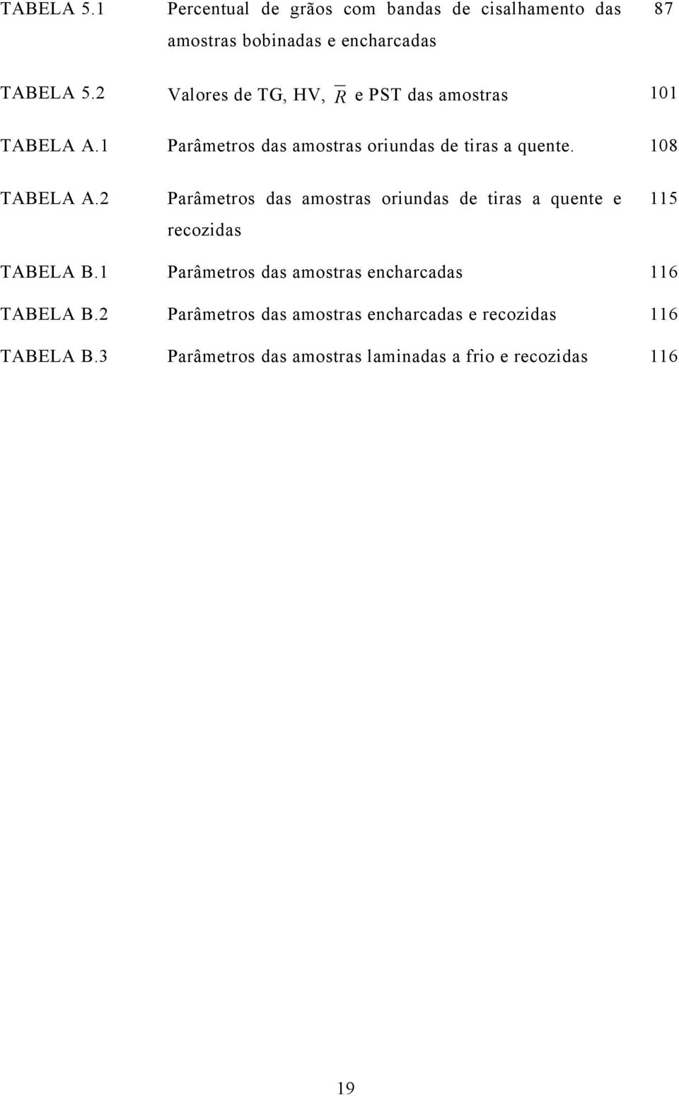 108 TABELA A.2 Parâmetros das amostras oriundas de tiras a quente e 115 recozidas TABELA B.