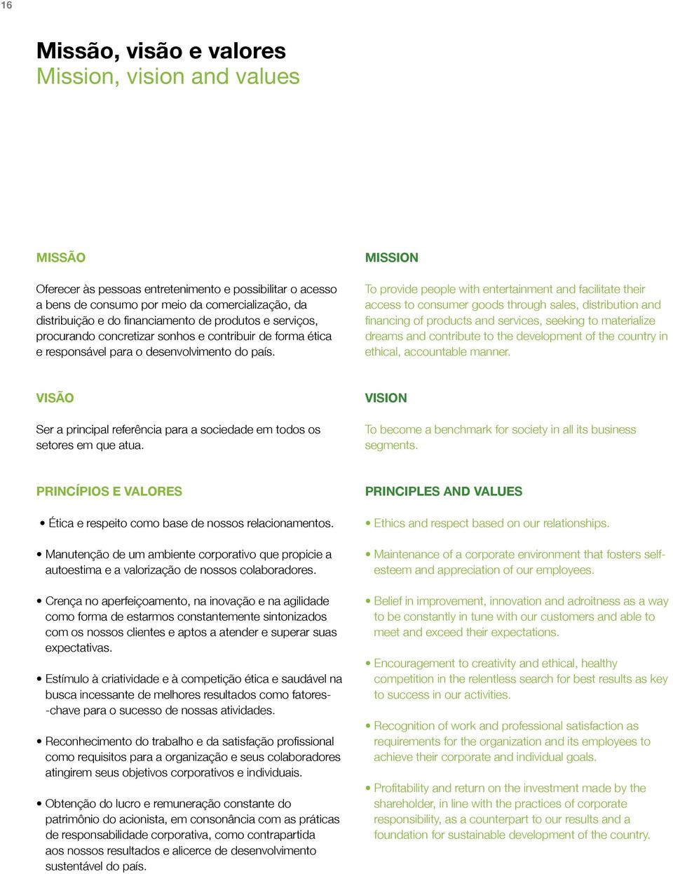 MissION To provide people with entertainment and facilitate their access to consumer goods through sales, distribution and financing of products and services, seeking to materialize dreams and