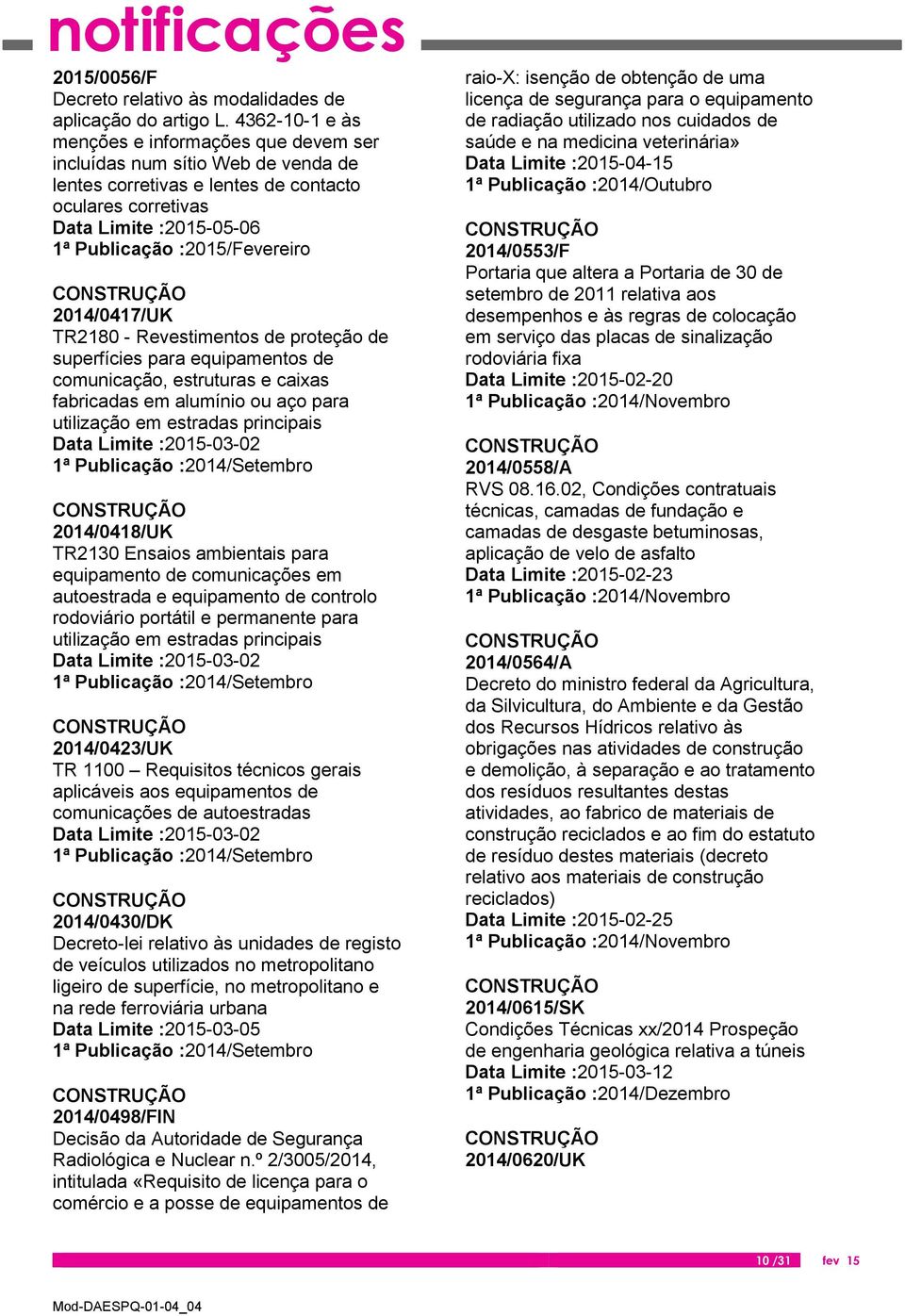 Revestimentos de proteção de superfícies para equipamentos de comunicação, estruturas e caixas fabricadas em alumínio ou aço para utilização em estradas principais Data Limite :2015-03-02 1ª