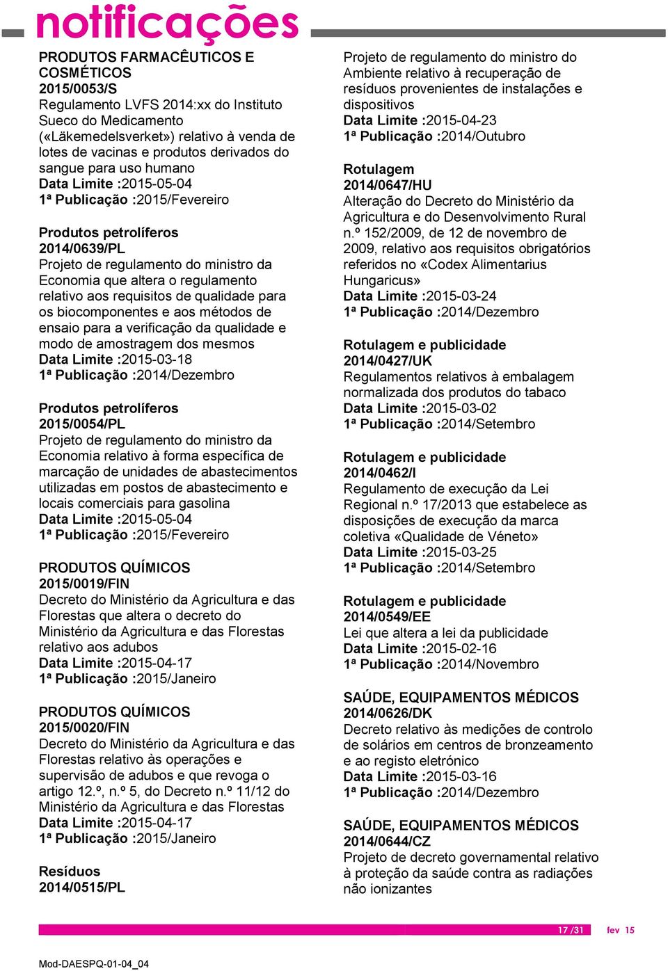 biocomponentes e aos métodos de ensaio para a verificação da qualidade e modo de amostragem dos mesmos Data Limite :2015-03-18 Produtos petrolíferos 2015/0054/PL Projeto de regulamento do ministro da