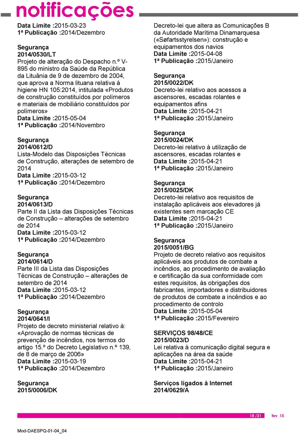 polímeros e materiais de mobiliário constituídos por polímeros» Data Limite :2015-05-04 Segurança 2014/0612/D Lista-Modelo das Disposições Técnicas de Construção, alterações de setembro de 2014 Data