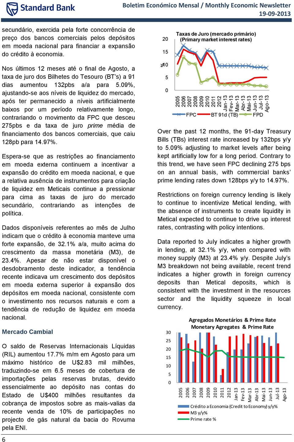 1 Taxas de Juro (mercado primário) (Primary market interest rates) Nos últimos 1 meses até o final de Agosto, a taxa de juro dos Bilhetes do Tesouro (BT s) a 91 dias aumentou 1pbs a/a para.