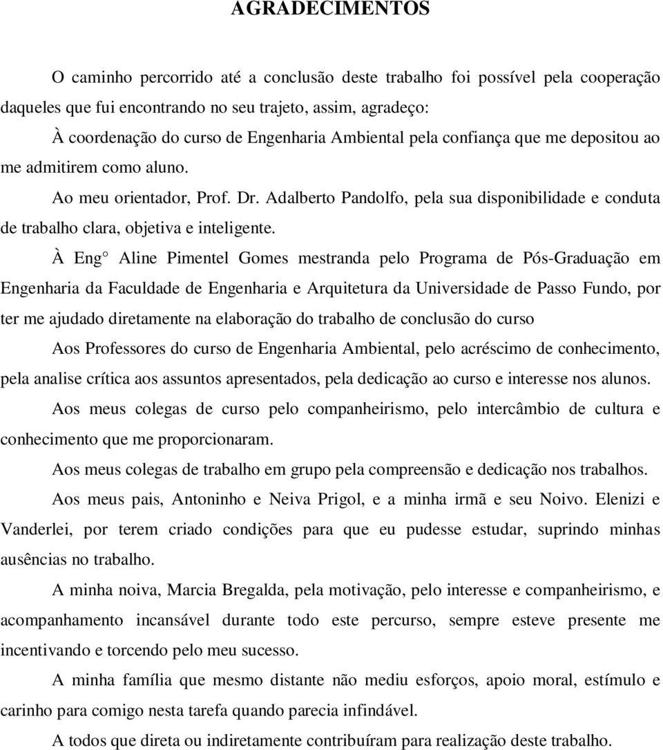 À Eng Aline Pimentel Gomes mestranda pelo Programa de Pós-Graduação em Engenharia da Faculdade de Engenharia e Arquitetura da Universidade de Passo Fundo, por ter me ajudado diretamente na elaboração